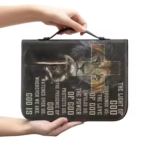 Classic Lion Bible Verse Sentence Custom Bible Cover Case for Women Leather Zippered Handle Handbag 