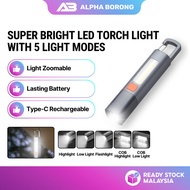 Alpha Borong LED XPE Torch Light Super Bright Flashlight with Hook Camping Lamp USB Rechargeable Zoo