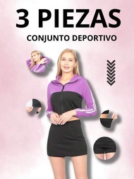 Pack de 3 piezas de conjunto deportivo para mujer chamarra corta y falda con short varios colores