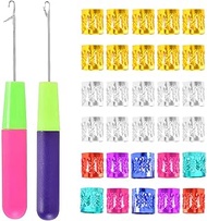 2Pcs Latch Hook Crochet Needle + 30 Pcs Dread Lock Rhinestone Hair Rings Gold Silver C olours Metal