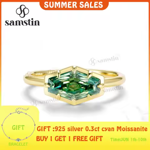 Samstin 2CT Hexagon Cyan Moissanite Ring for Women Solid 14K 10K 585 Yellow Gold for Engagement Ring