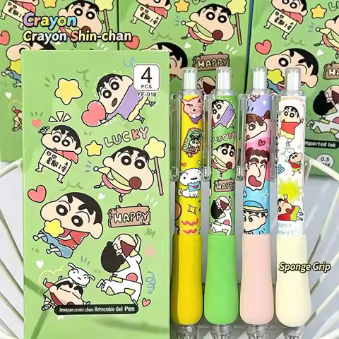 Crayon Shin-chan Retractable Gel Pens - 4PCS Kawaii Anime Pens with Sponge Grip, Black Ink 0.5mm, Gr