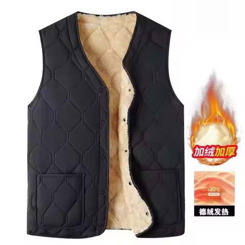 Winter Men's Fleece Lined Vest Casual Lightweight Thick Sleeveless Jacket V-Neck Single Breasted Qui