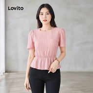 Lovito Blus Kasual Berlipat, Lembut dan Selesa, Musim Bunga/Panas, Merah Jambu untuk Wanita L138ED56