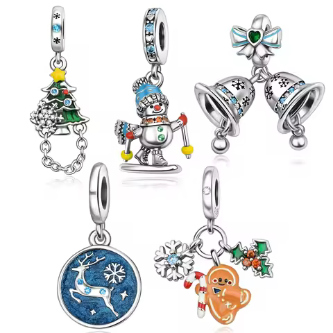 Exquisite 925 Sterling Silver Snowman&Christmas Tree&Bell&Gingerbread Man&Elk Medal Fit Brand Bracel