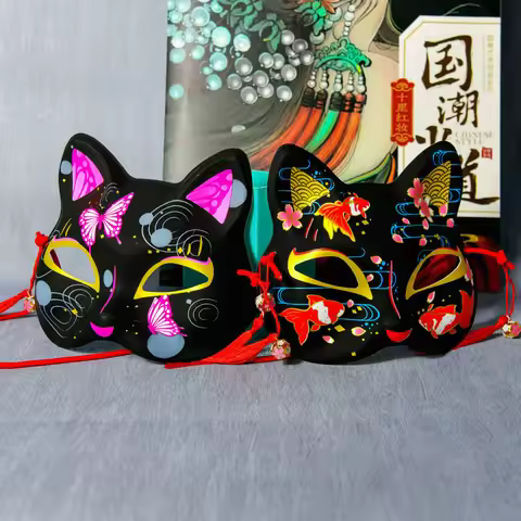Black Style Cat Face Mask Japanese Half Face Cat Full Face Anime Fox Yin Yang Master Mask for Bar Ma