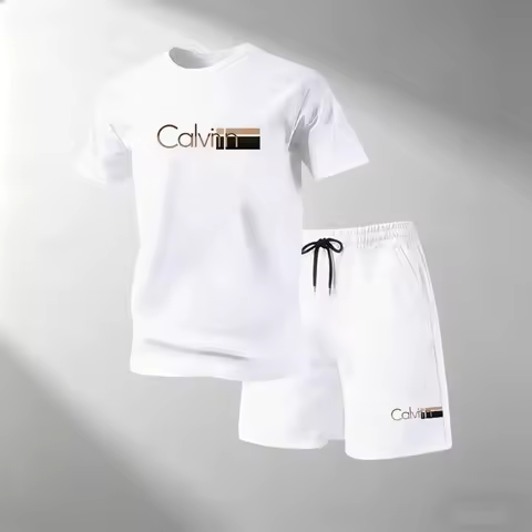 2026 Summer Men's Streetwear 2 Piece Set O-Neck T-Shirt+Sports Shorts Quick Dry Fitness Gym Running