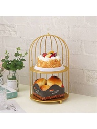 1件鐵製雙層金色鳥籠甜點展示架，茶歇展示桌，蛋糕托盤，糕點架道具