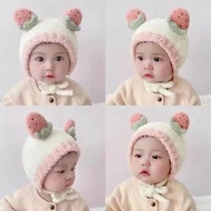 Cute baby girl's wool hat with Bluehope lace-up fleece and cute strawberry shape for children from 3