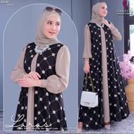 New Laras Dress Muslim Terbaru Inner dan Outer Motif Gamis Rayon mix Airflow Jumbo Lebaran 2025