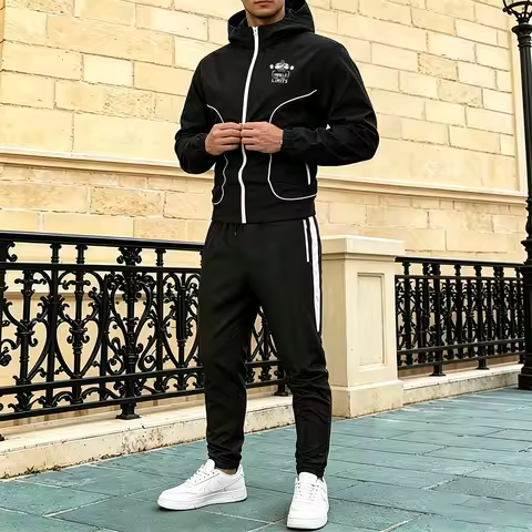 Mens Casual Tracksuit Set Muscle Athletes Print White Line Hooded Jacket & Side Stripe Trousers 2 Pc