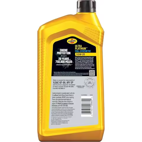 Pennzoil Ultra Platinum Full Synthetic 5W-20 Motor Oil, Advanced Engine Protection, 1 Quart (6 Pack)