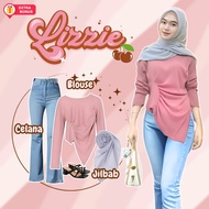 One Set 3in1 Blouse Drawstring Jeans Cutbray Pants Square Hijab Bella | Modern hijab outfit for wome