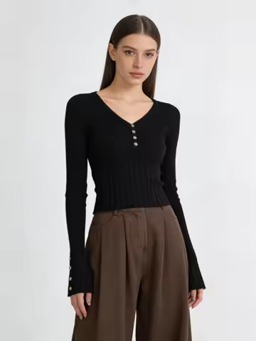Women Black Gothic V-Neck Y2K Gyaru Emo Knit Top 2000s Vintage Long Sleeve Cropped Knit Sweater For 