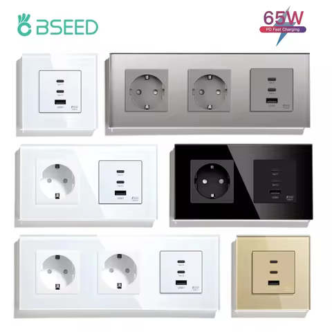 BSEED Power Sockets Electric Outlets Plus Dual Type-c USB Fast Charging Ports 65W 3A Glass Frame EU 