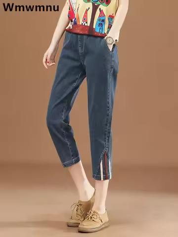 Summer Capris Harem Jeans Women High Elastic Waist Casual Skinny Denim Pant Korean Streetwear Pencil