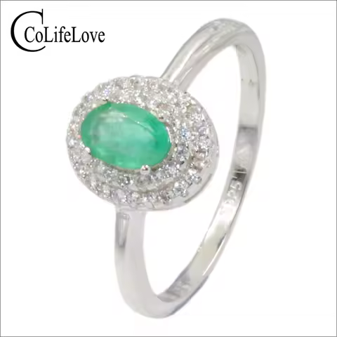 Elegant silver emerald ring for engagement 4 mm * 6 mm natural SI grade emerald silver ring 925 ster
