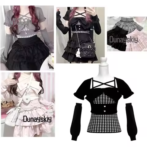 Japanese Honey Jirai Kei Mew Y2k Pink Black Gray Cross Tied Bow Top Short Skirt Kawaii Daily Party B