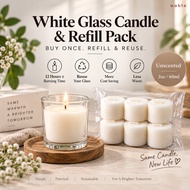 White Glass Candle & Refill Pack | Unscented Candle 12 Hours± | 2oz/60ml | Reusable Glass Candle