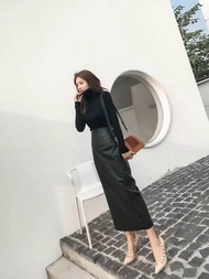 Rok kulit span wanita panjang/ rok semi kulit belahan pinggir