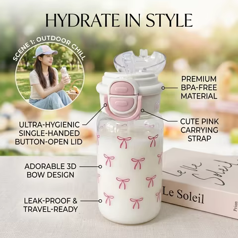 Cute Water Bottle with Straw Portable Plastic Pop-Up Cover Water Cup Kawaii Bottle Water Leak-Proof 