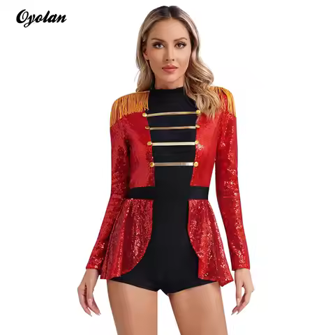 Women Circus Ringmaster Marching Band Majorette Jumpsuit Shiny Sequin Tassel Epaulet Rompers Bodysui