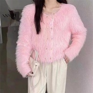 Áo Khoác Len Lông Thỏ Dài Tay Dáng Ngắn Croptop Đính Ngọc Và Đá Sang Trọng