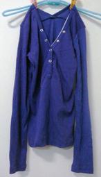 二手女裝  V領 藍紫色 扣子 棉質T恤 假兩件式 長袖 合身 修身 女裝 上衣秋裝