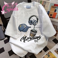 Cupids Morning Coffee & Headphones Faux Embroidery Tee | Unisex Casual Streetwear
