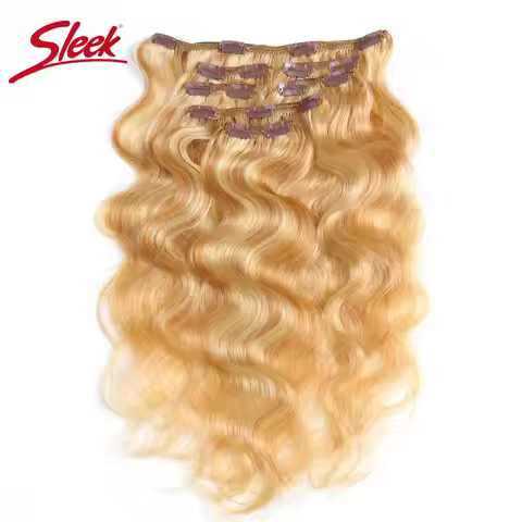 Sleek 7Pcs Clips In Human Hair Extensions Natural Brazilian Body Wave Bonde P6/613 P27/613 Color Hai