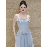 Women's Croset Dress MAY CH228 Stone Blue - Luxurious and Seductive Floral Embellished Croset Dress