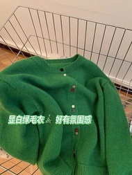 Áo Len Cardigan Ngắn Dáng Rộng Cỡ Lớn 300 Pound Áo Khoác Ngoài Mùa Thu Đông Màu Xanh Lá Cây Cổ Tròn 