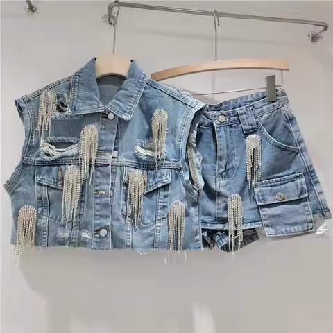 Luxury Women Diamonds Beaded Fringed Denim Jacket Rhinestone Tassels Jeans Coat Cowboy Cardigan Tops