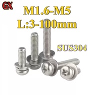 SUS304 Stainless Steel Cross Pan Head Screws with Washer, M1.6 to M5 Sizes, Length 3mm to 100mm ― Du
