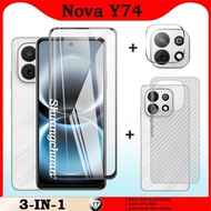 For Huawei Nova Y74  Screen tempered Glass Film + Camera Lens Protector + Carbon Fiber Back Film 3in