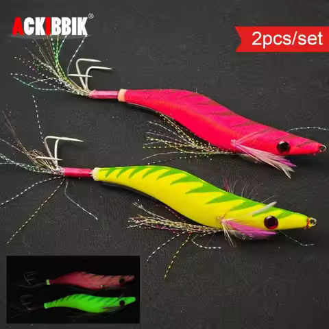 Ackibbik 2pcs/set 14cm Shrimp Baits Shrimp Fishing Lures Sea Fishing Shrimp Lure Luminous Squid Jig 