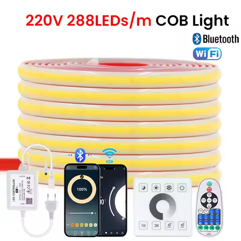 Dimmable 220V COB LED Strip Light WIFI Bluetooth Wall Touch 23key Remote Control Power Kit 288LED Fl