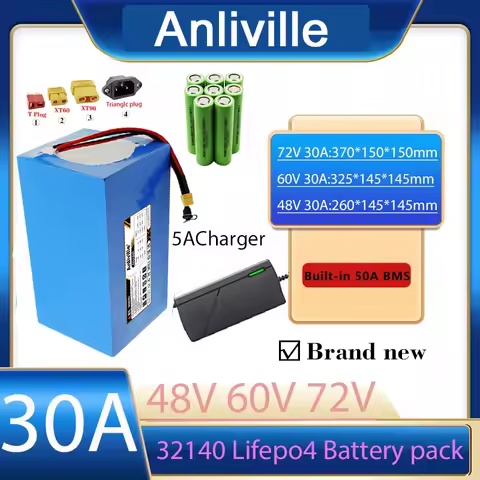32140 LiFePO4 Battery Pack 15/30Ah Built-in 50A BMS,48V/60V/72V(51.2/64/70.4V) High Power for E-Moto