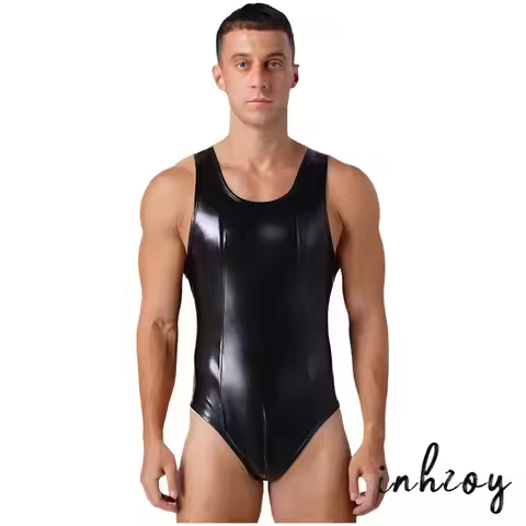 Mens Glossy Patchwork Bodysuit Sleeveless Bulge Pouch Back Zipper One-piece Leotard Jumpsuit for Nig