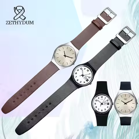 Genuine Leather Watchband Soft Strap 17mm handmade leather bracelet for swatch bracelet Leather Blac