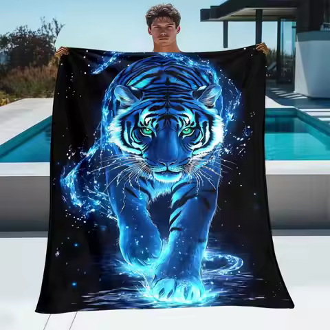 Blue Electric Tiger Galaxy Black Background Fantasy Soft Cozy Throw Blanket for Sofa Bed Mystical Au