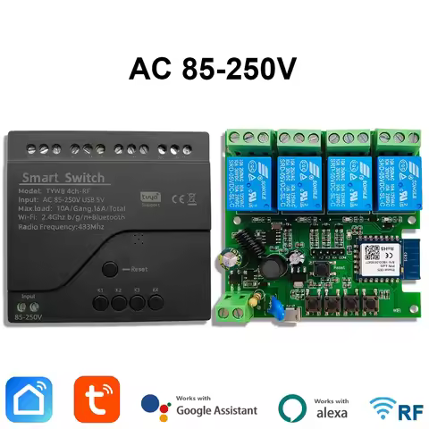 Tuya AC 85-250V 4 Channel Wifi Smart Home Appliance Control Switch Module 4CH 220V 10A Relay Momenta