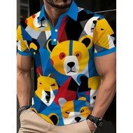 Summer New Style Men's Short-Sleeved Polo Shirt with 3D Bear Print for Street Casual Fashion Comfort