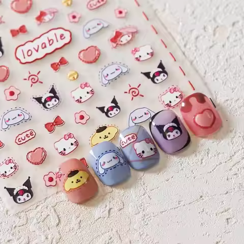 1PCS 5D‌ Cartoon Hello Kitty‌ Nail Stickers Anime Kuromi Nail Supplies Nail Decals Cinnamoroll Stick