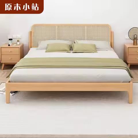 Solid wood bed 1.8 meters double bed master bedroom Nordic rattan room modern simple single 1.2m 1.5