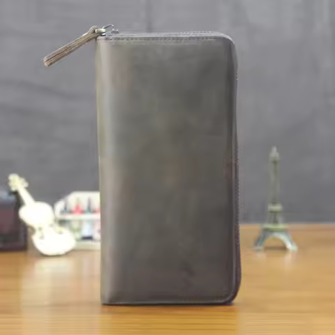 Vintage crazy horse Leather Men's Clutch Wallet Genuine Leather Long Wallet Zipper around Clutch Bag