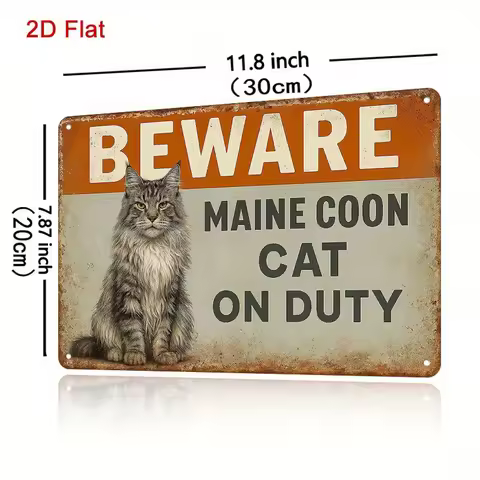 Iron Wall Art Sign - "Beware of Maine Coon Cat on Duty" Humorous Pet Safety Warning, Rustic Metal De