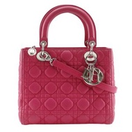 二手 Christian Dior Lady Dior Cannage 手提包，中號，兩用單肩背包，紫紅色皮革，義大利製。可肩背或手提，附雙向拉鍊。