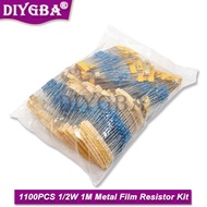 1100PCS/Set 1/2W 1M Metal Film Resistor Assorted Kit 1R/2.2R/3.3R/4.7R/100R/100K/470K/10M/1M/2M Ohms