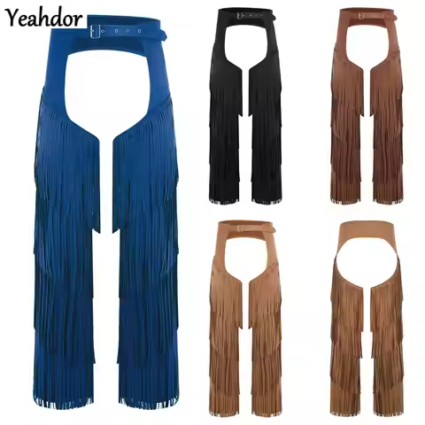Men Western Cowboy Chaps Vintage Gothic Steampunk Fringe Open Crotch Pants Adjustable Buckles Motorc